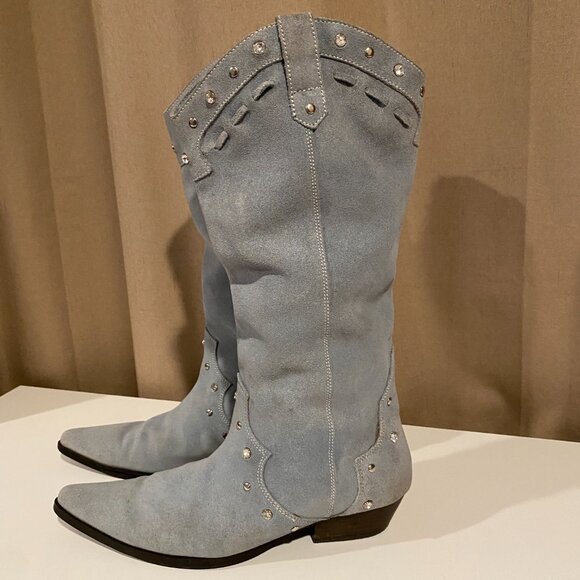 Steve Madden Y2K Light Blue Suede Studded Western Boots - 15" Tall Rodeo Style - Picture 8 of 12